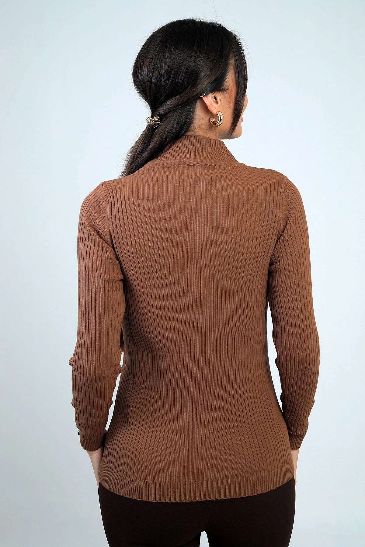 Kadın Balıkçı Yaka Basic Fitilli Kolları Düğme Detaylı Kazak