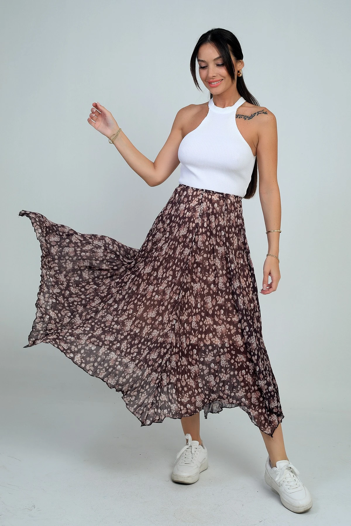 Kadın Beli Lastikli Astarlı Mini Çiçekli Midi Kraşlı Üçgen Etek