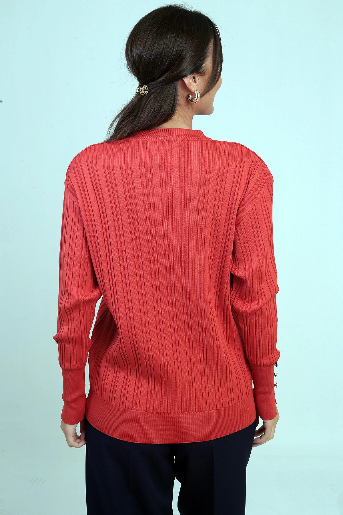 Kadın Kolları Düğmeli Fitilli Triko Bluz