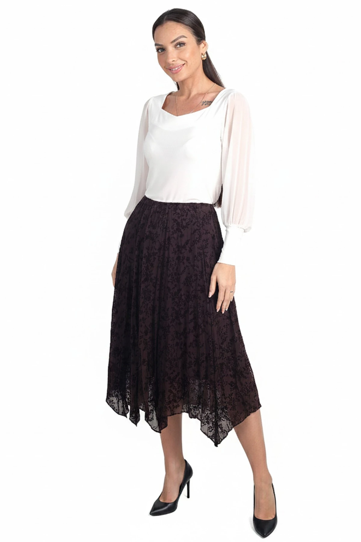 Kadın Beli Lastikli Astarlı Flok Baskı Parçalı Midi Etek