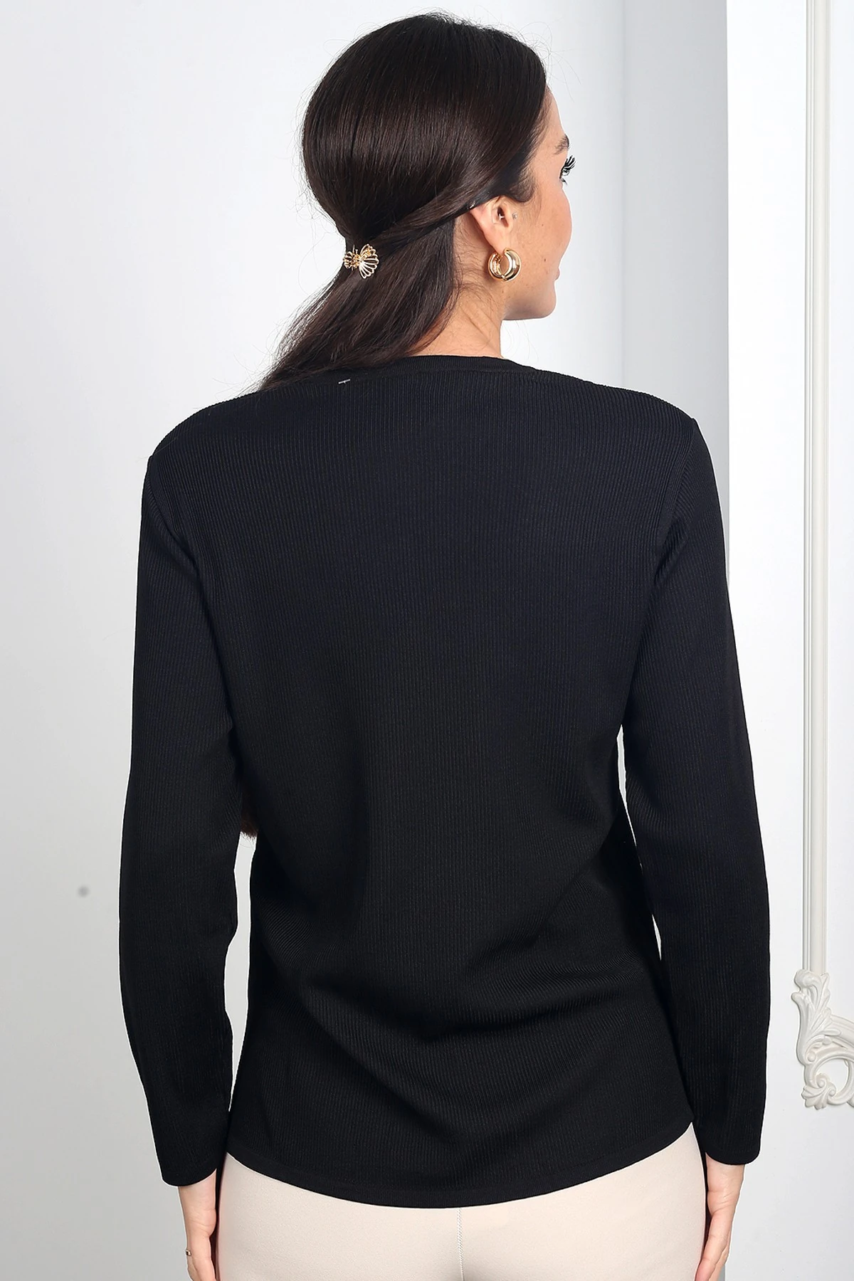 Kadın 3 Boyut Deri Çiçekli Taş Detaylı Baklava Desenli Triko Bluz