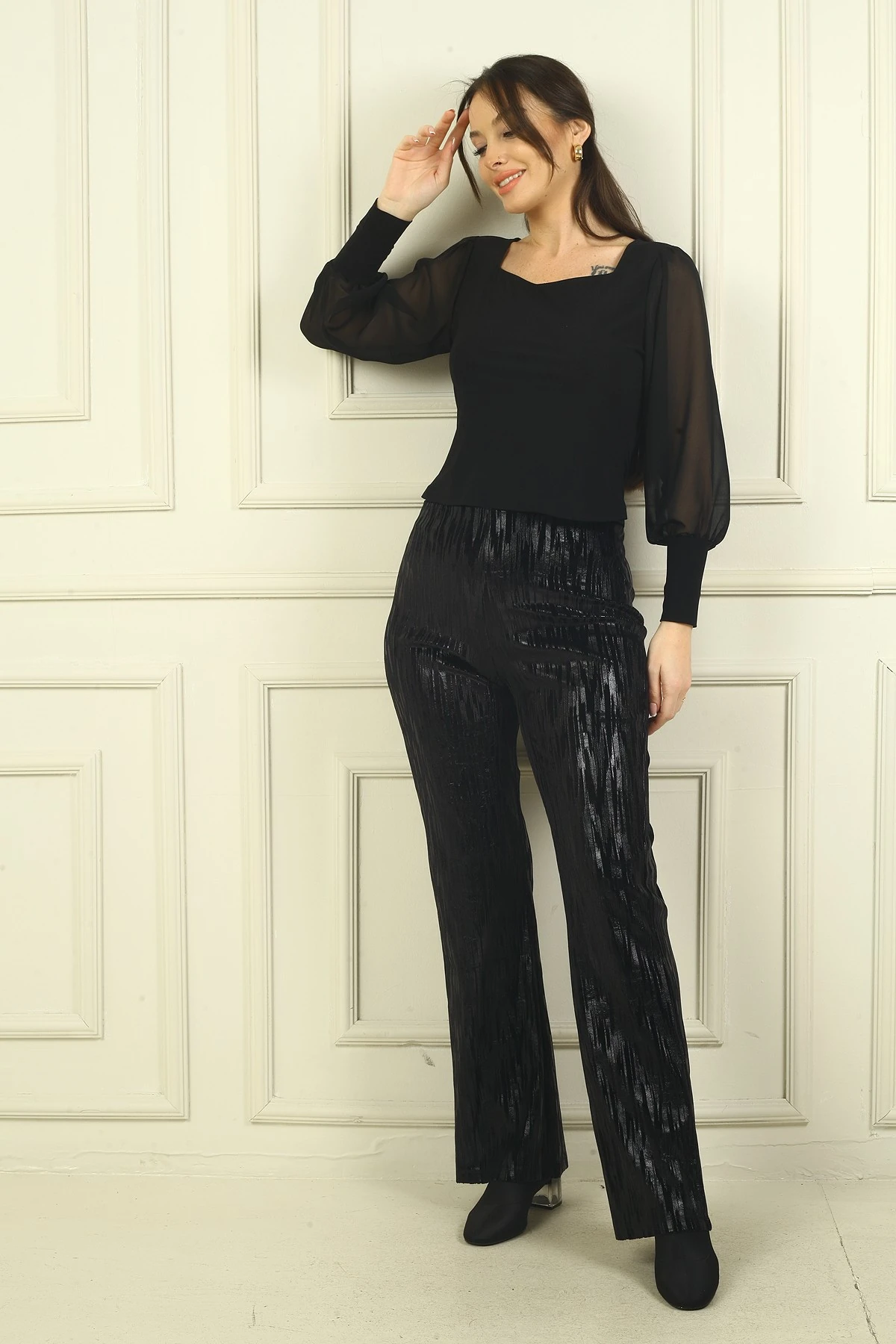 Kadın Beli Lastikli Zigzag desenli Likralı Pantolon