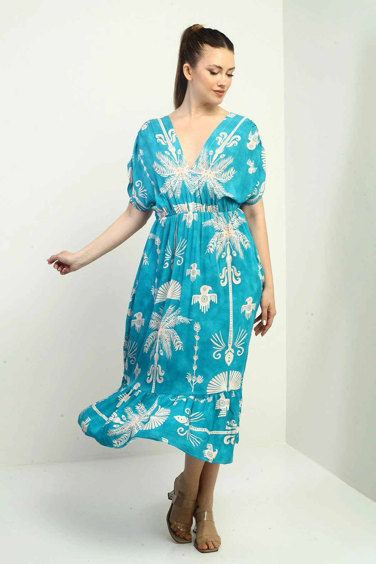 Kadın Ön Arka V Yaka Yarasa Kollu Palmiyeli Cepli Fırfırlı Elbise