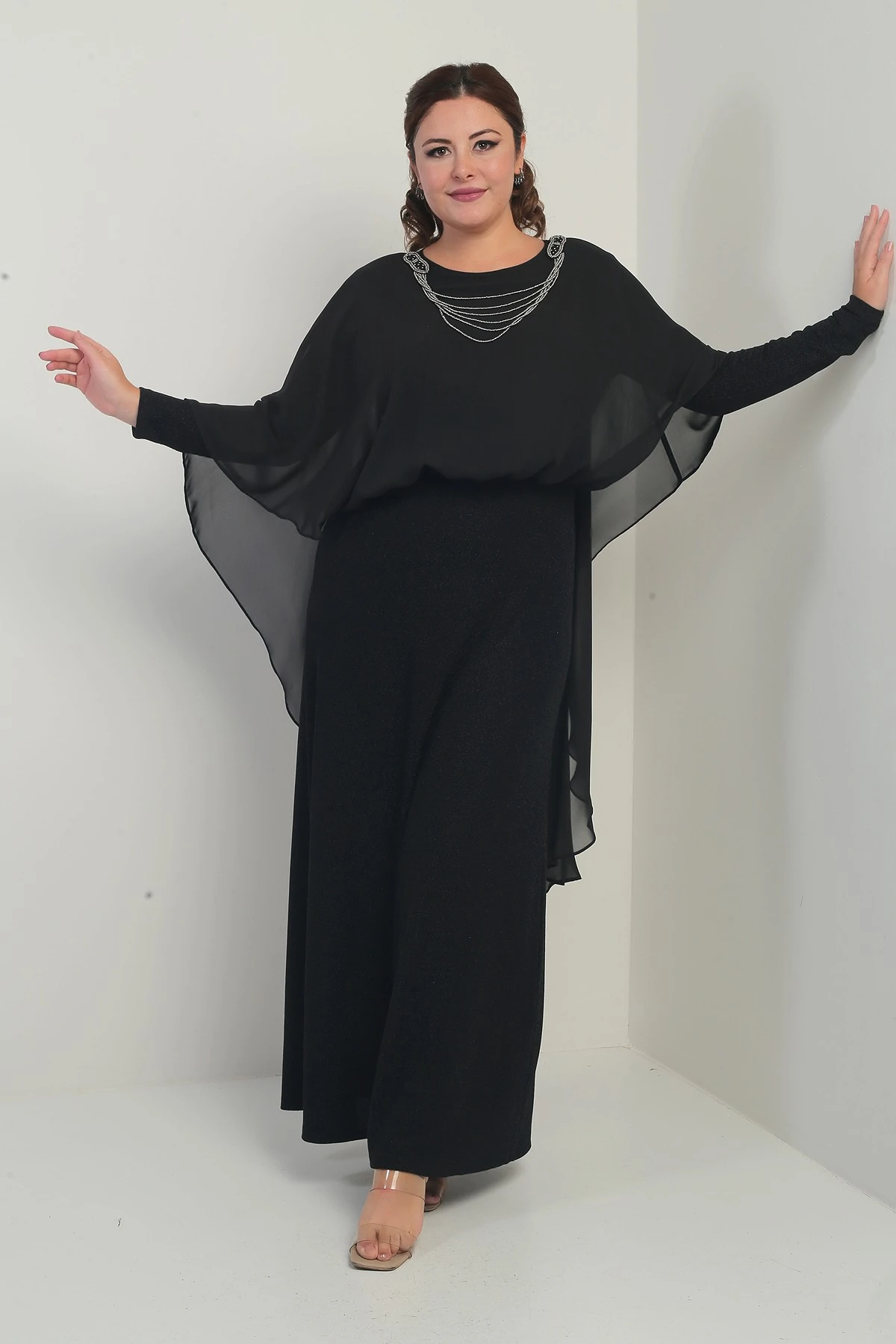 Kadın Üstü Zincirli Şifon Altı Simli Astarlı Büyük Beden Tesettür Uzun Elbise