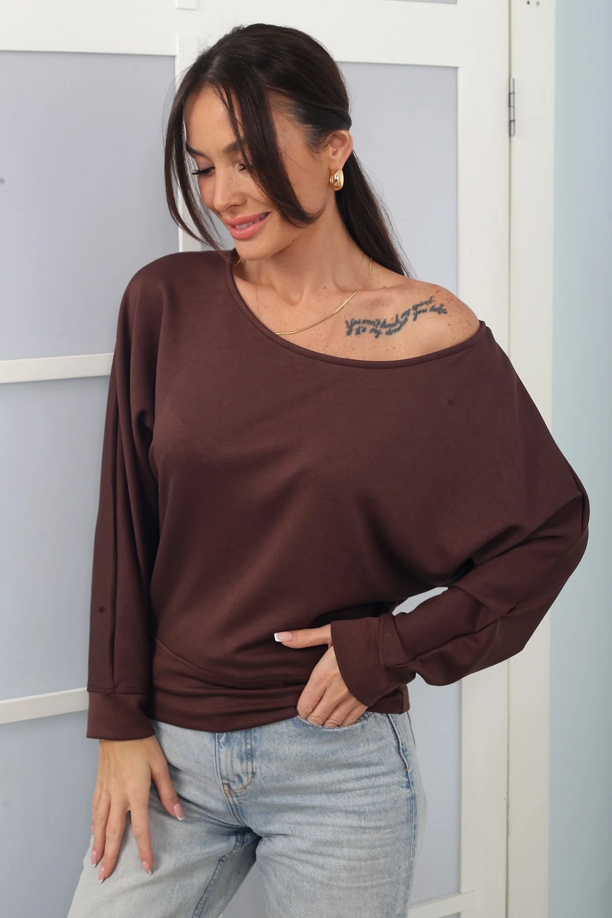 Kadın Kayık Yaka Uzun Yarasa Kollu Modal Sweat