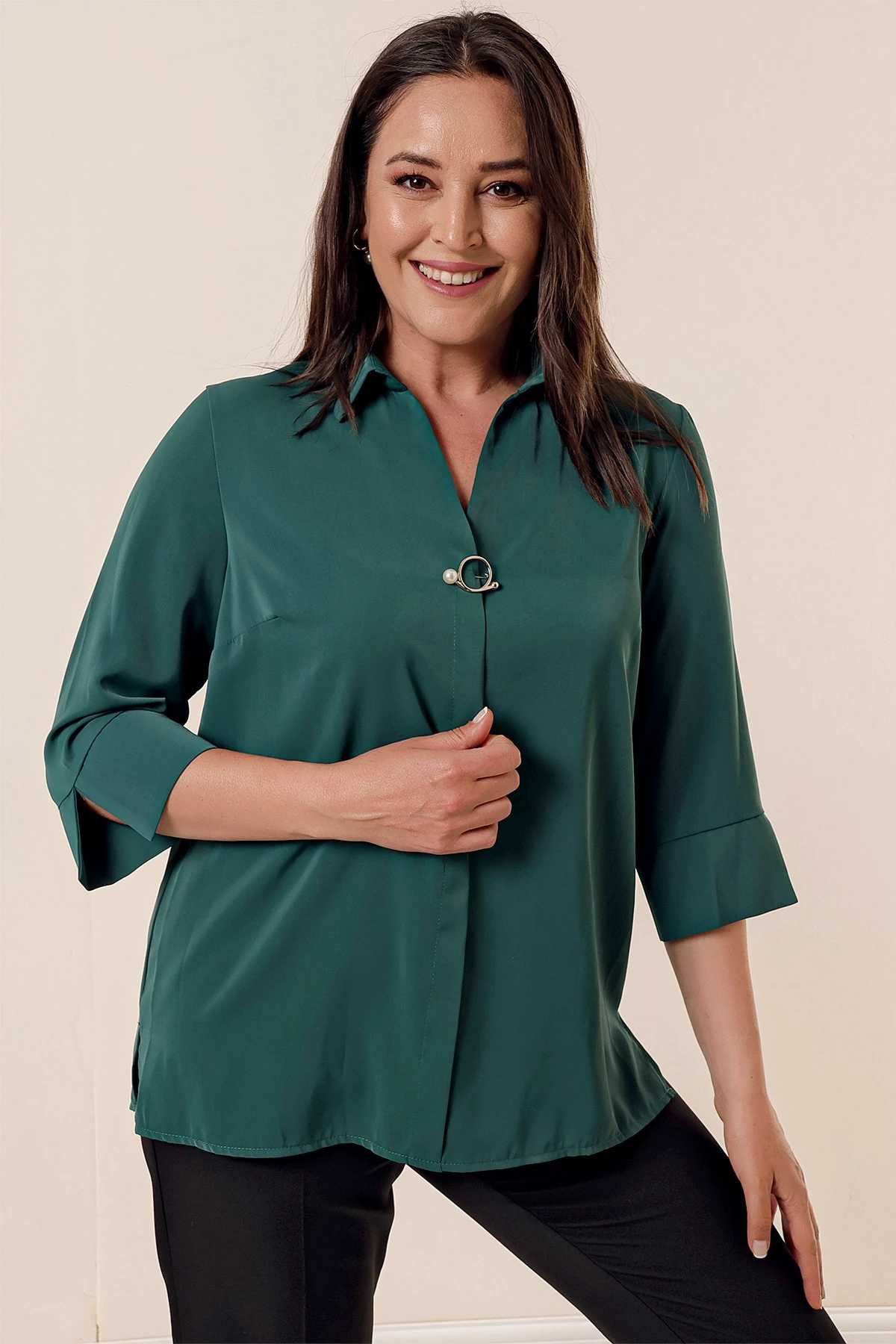 Polo Yaka Çeyrek Kol Büyük Beden Bluz