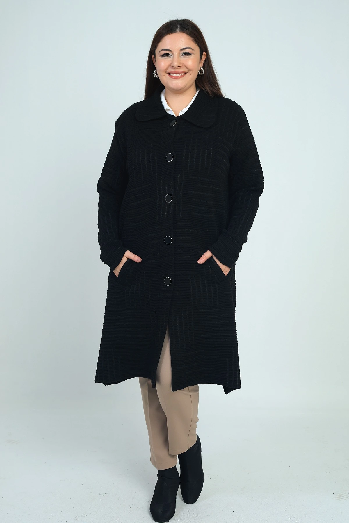 Kadın Önü Düğmeli Cepli Büyük Beden Lİkralı Triko Kaban