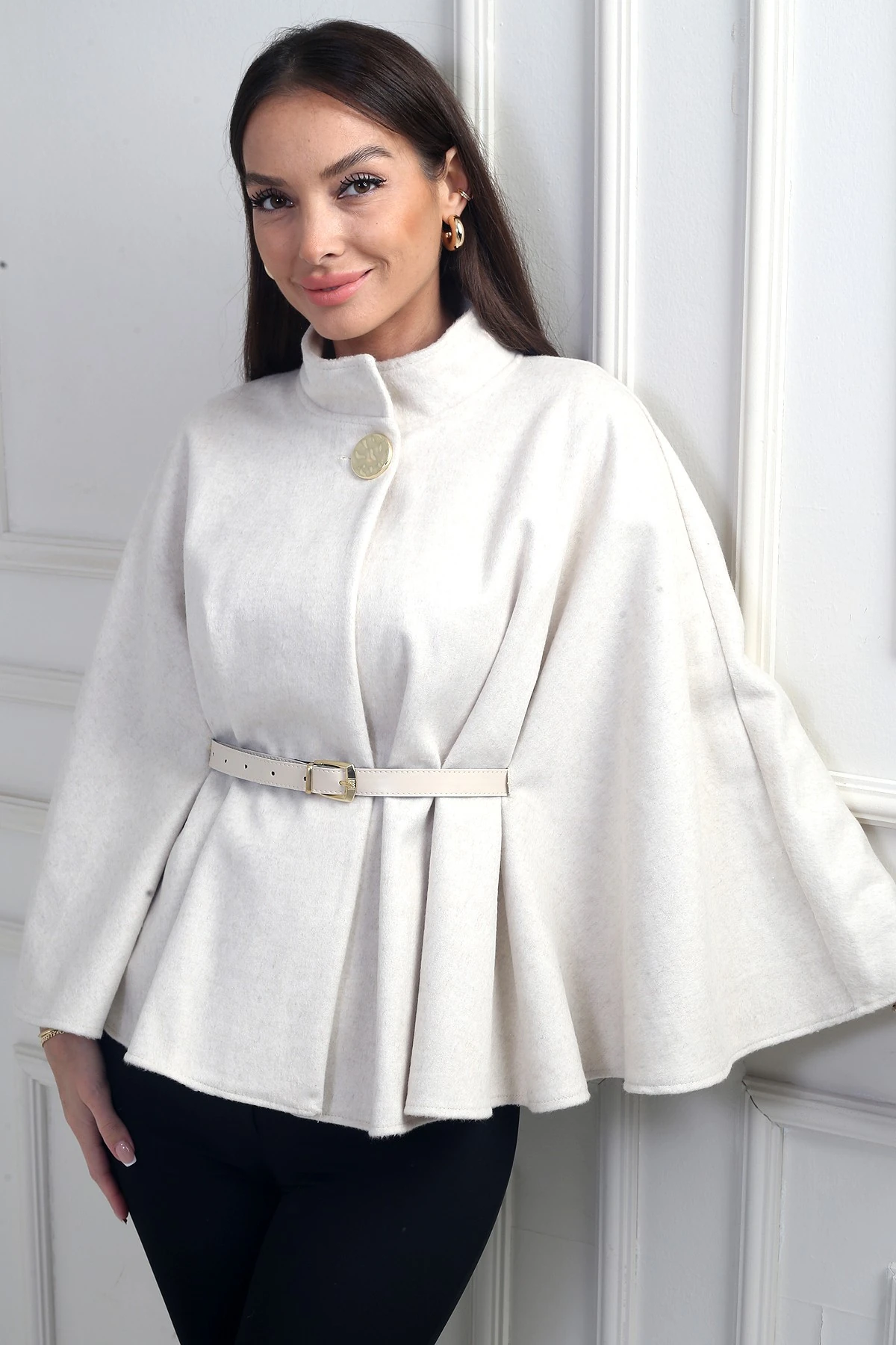 Kadın Tek Düğmeli Beli Kemerli Kaşe Panço