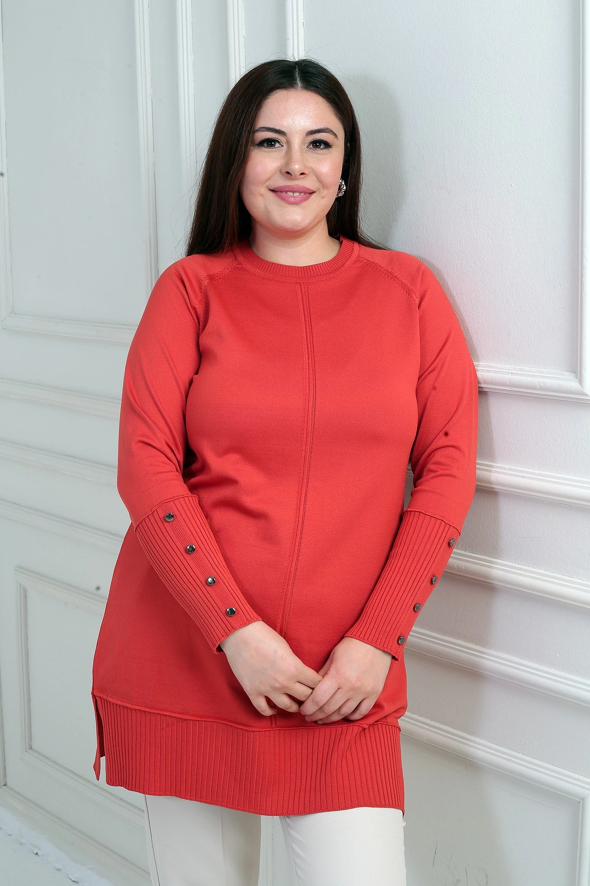 Kadın Kolları Düğmeli Soğuk İplik Büyük Beden Tunik Bluz