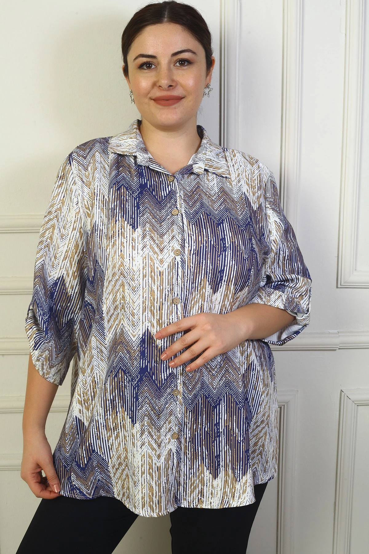 Kadın Kol Katlamalı Zigzag Büyük Beden Gömlek