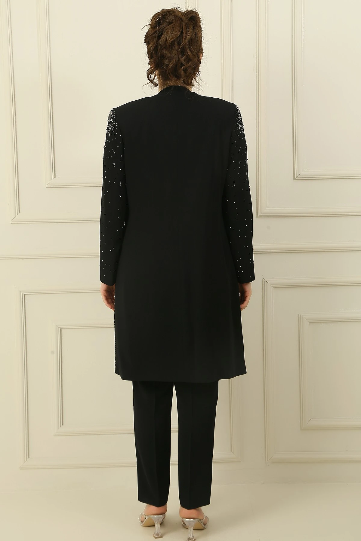 İçi Kolsuz Bluz Taş Baskılı Astarlı Uzun Ceket dar Paça Pantolon Büyük Beden 3'lü Takım