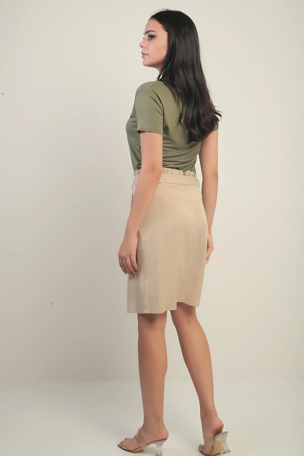 Kadın Beli Kuşaklı Kruvaze Lyocell Kısa Etek