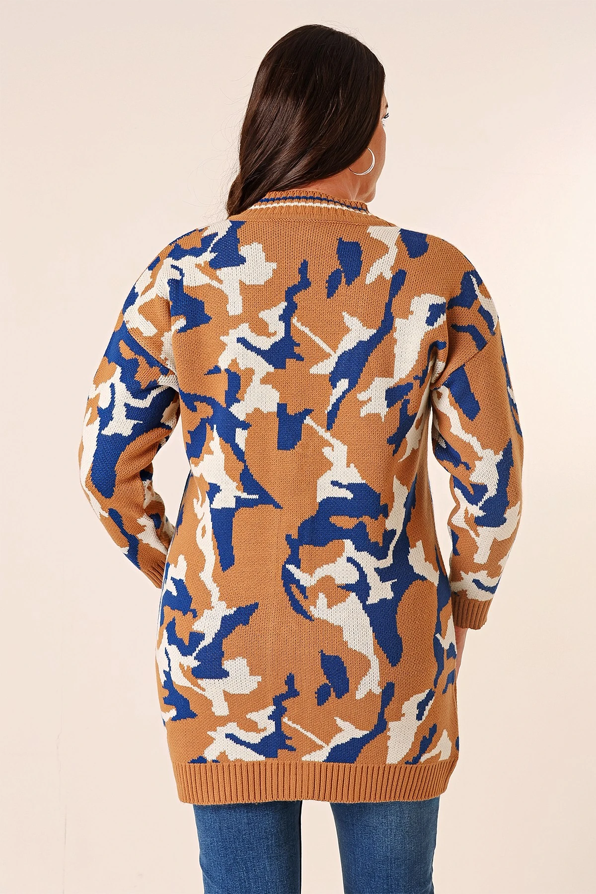 Oversize Kamuflaj Pullu Uzun Triko Hırka