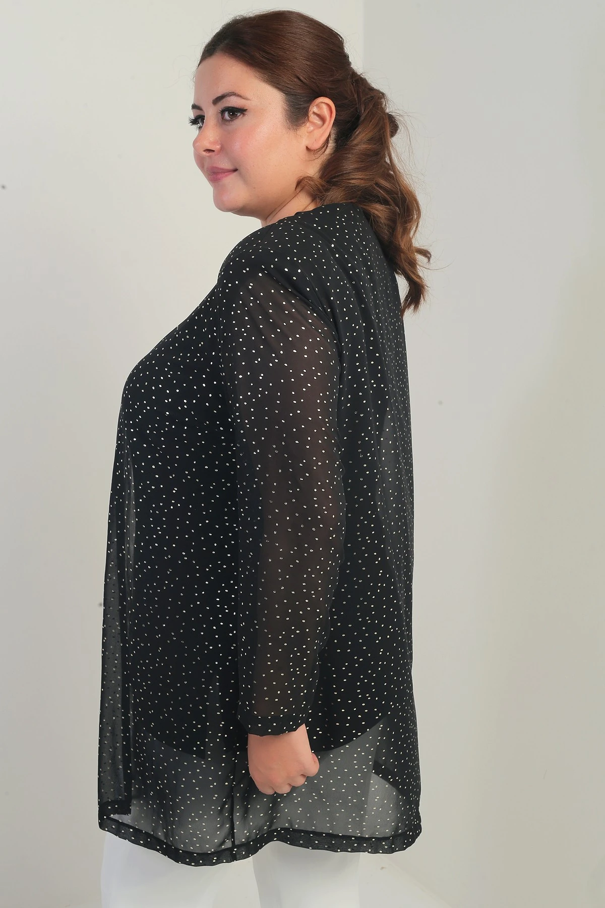 Kadın Uzun Kollu Likralı Bluz Yaldızlı Benek Baskılı Şifon Ceket Büyük Beden 2'li Takım