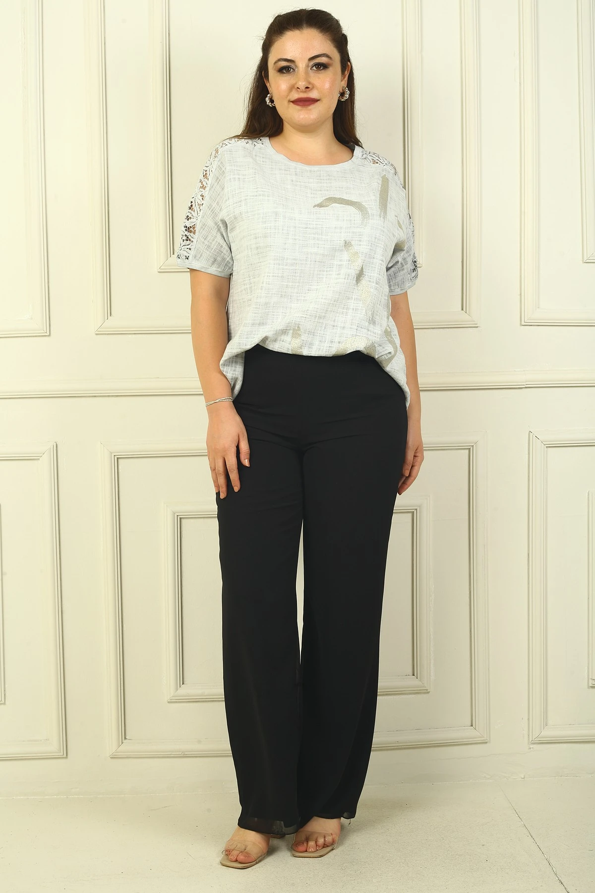 Beli Lastikli Astarlı Büyük Beden Şifon Pantolon