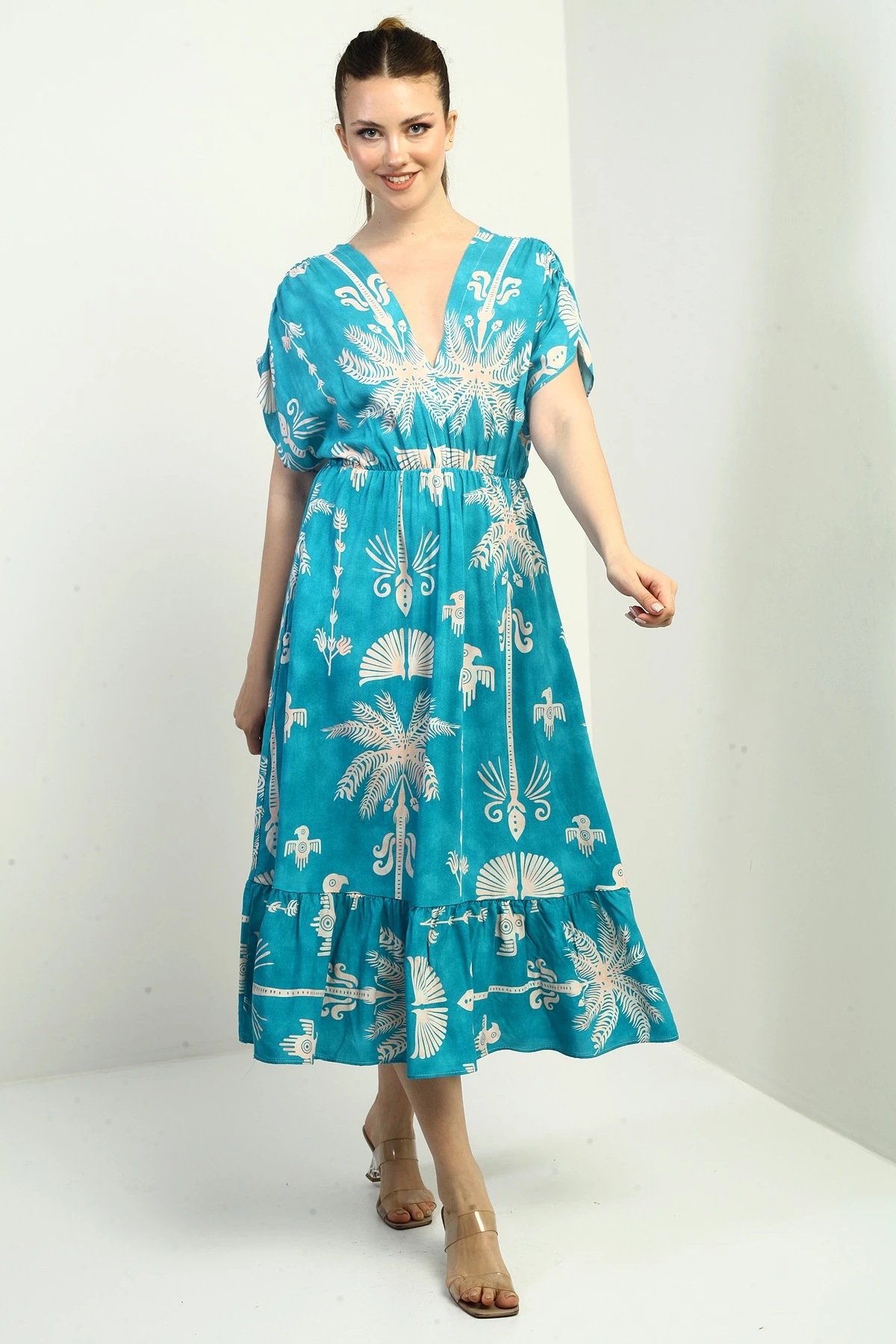 Kadın Ön Arka V Yaka Yarasa Kollu Palmiyeli Cepli Fırfırlı Elbise