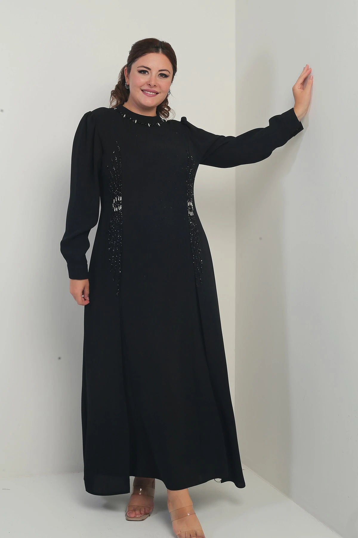 Kadın Taş-Boncuk Baskılı Büyük Beden Tesettür Uzun Elbise