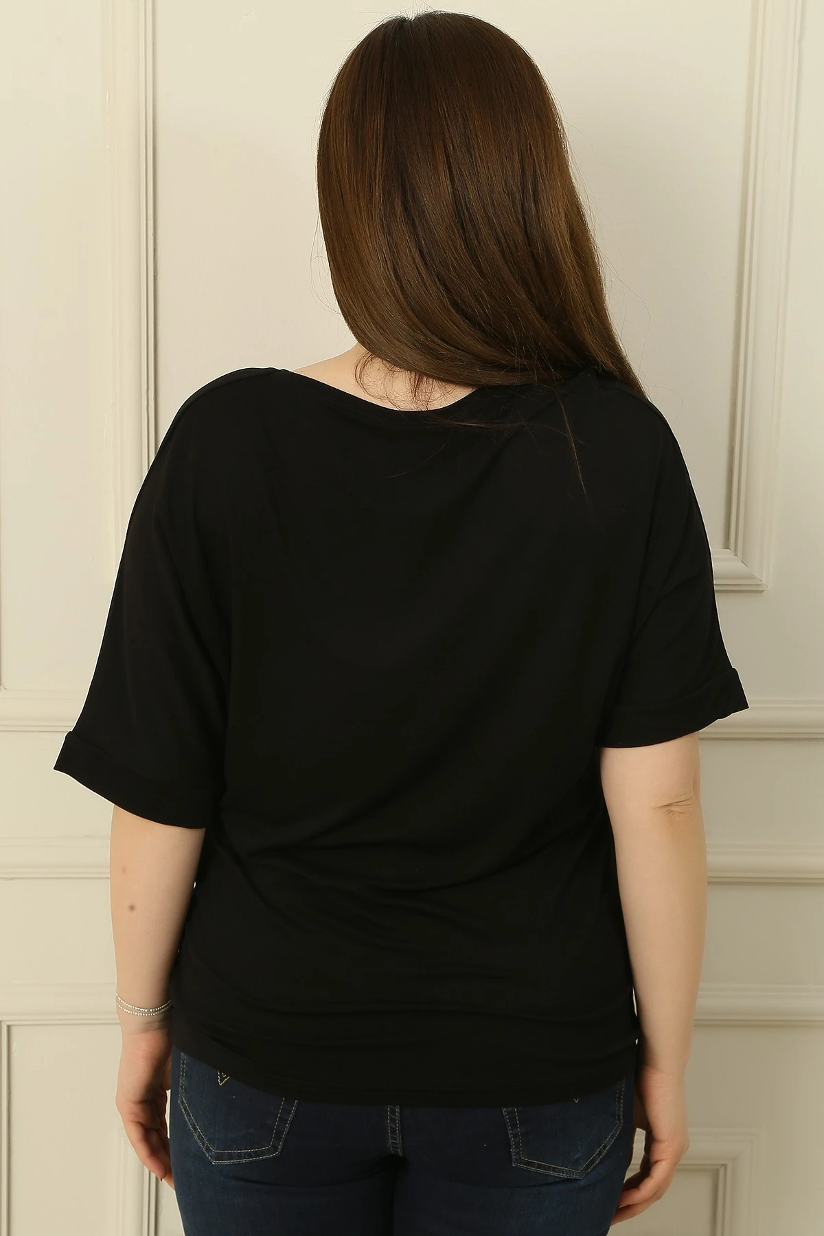 Kadın Piramit Taşlı Kısa Kollu Büyük Beden Bluz