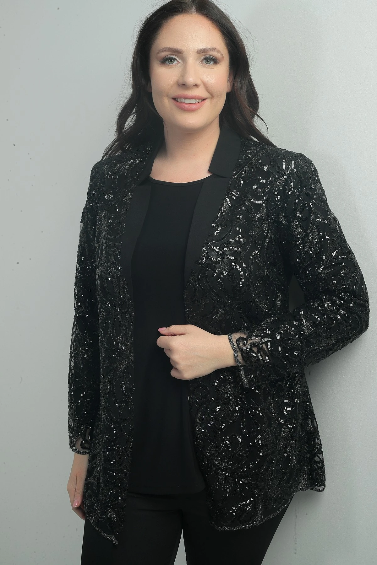 Kadın Pullu Tül Ceket Likralı Uzun Kol Bluz Büyük Beden 2'li Takım