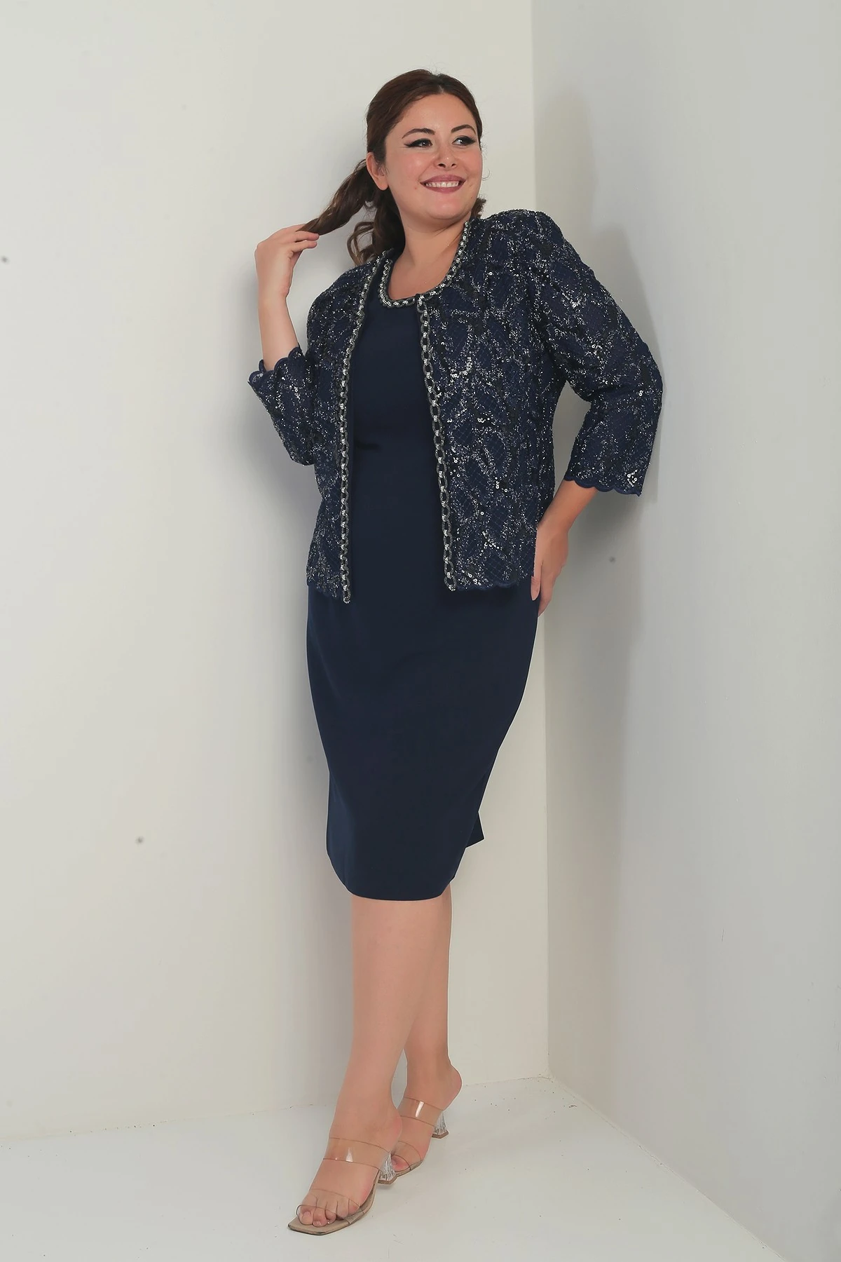 Kadın Kolsuz Elbise Pul İşlemeli Tül Ceket Boncuk Detaylı Astarlı Büyük Beden 2'li Takım