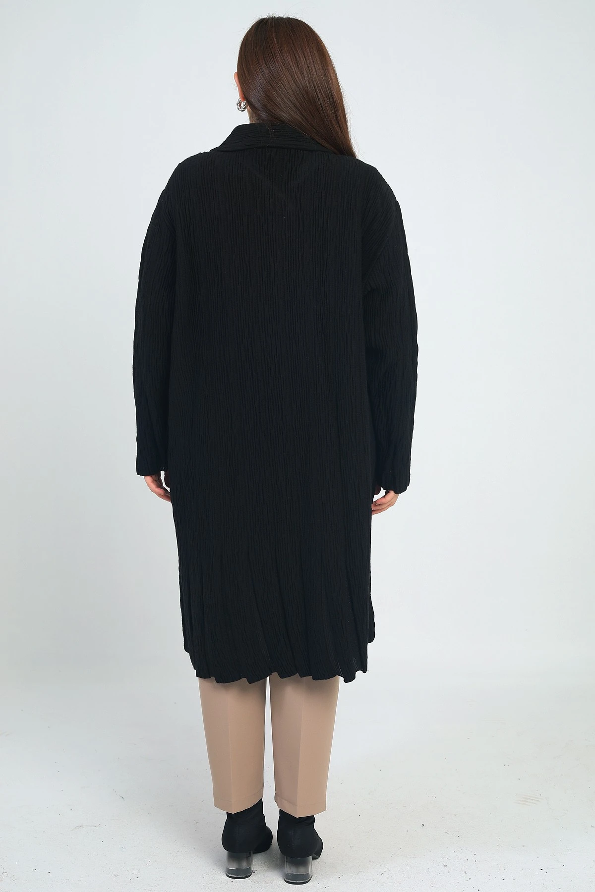 Kadın Desenli Cepli Büyük Beden Triko Kaban