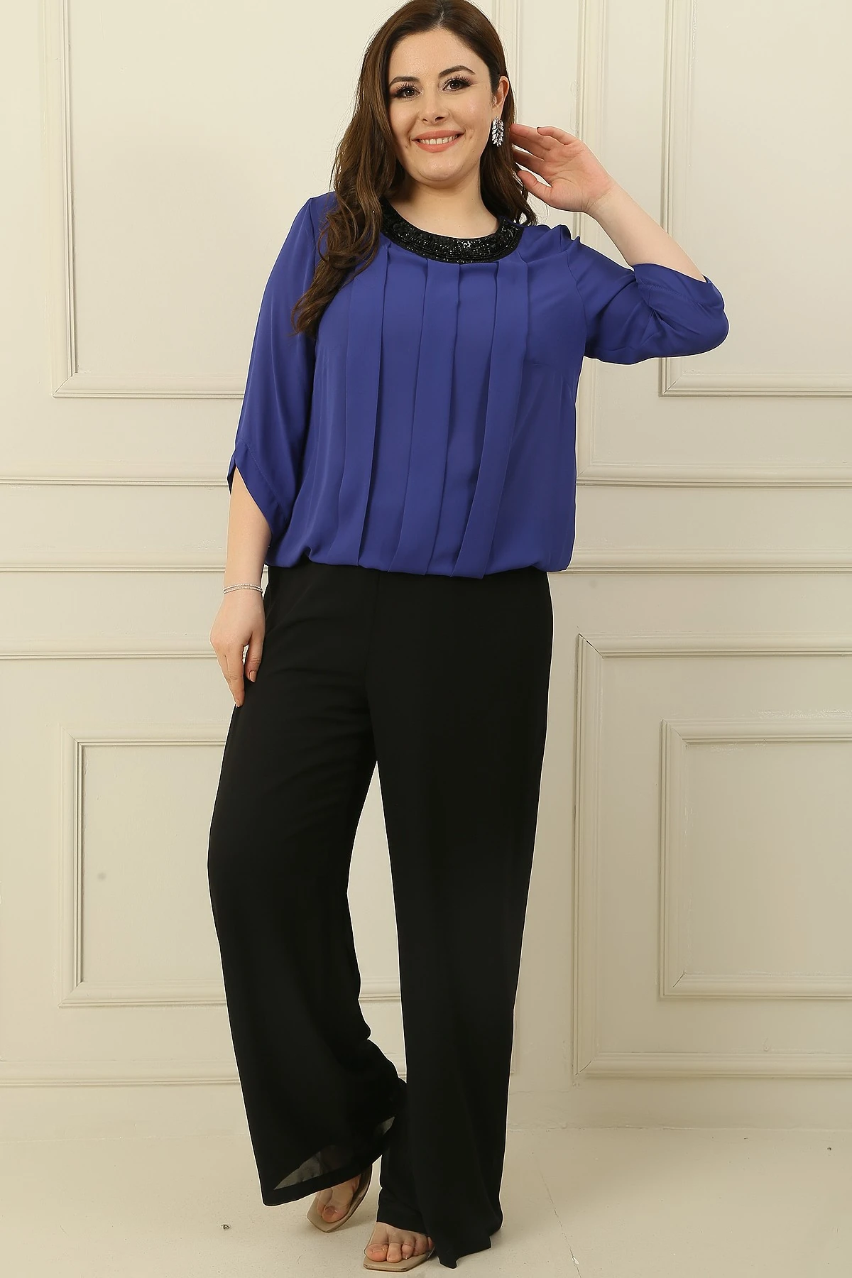 Kadın Beli Lastikli Astarlı Palazzo Büyük Beden Şifon Pantolon