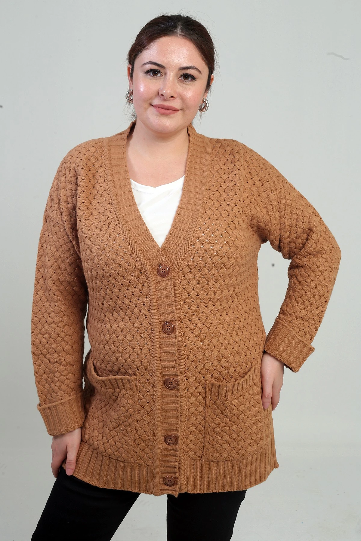 Kadın Sepet Örgü Model Cepli Tunik Hırka