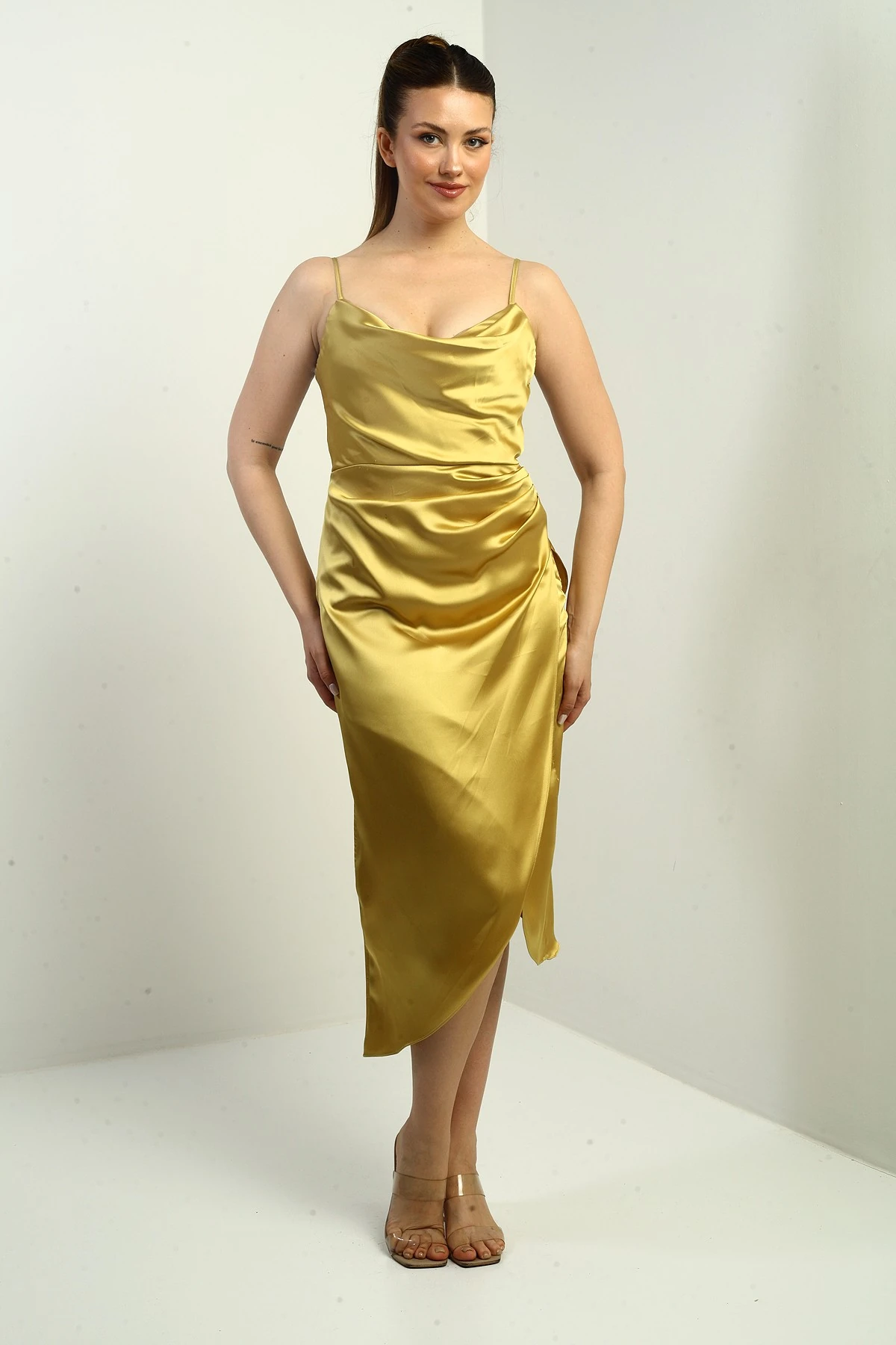 Kadın İp Askılı Drapeli Astarlı Asimetrik Midi Elbise