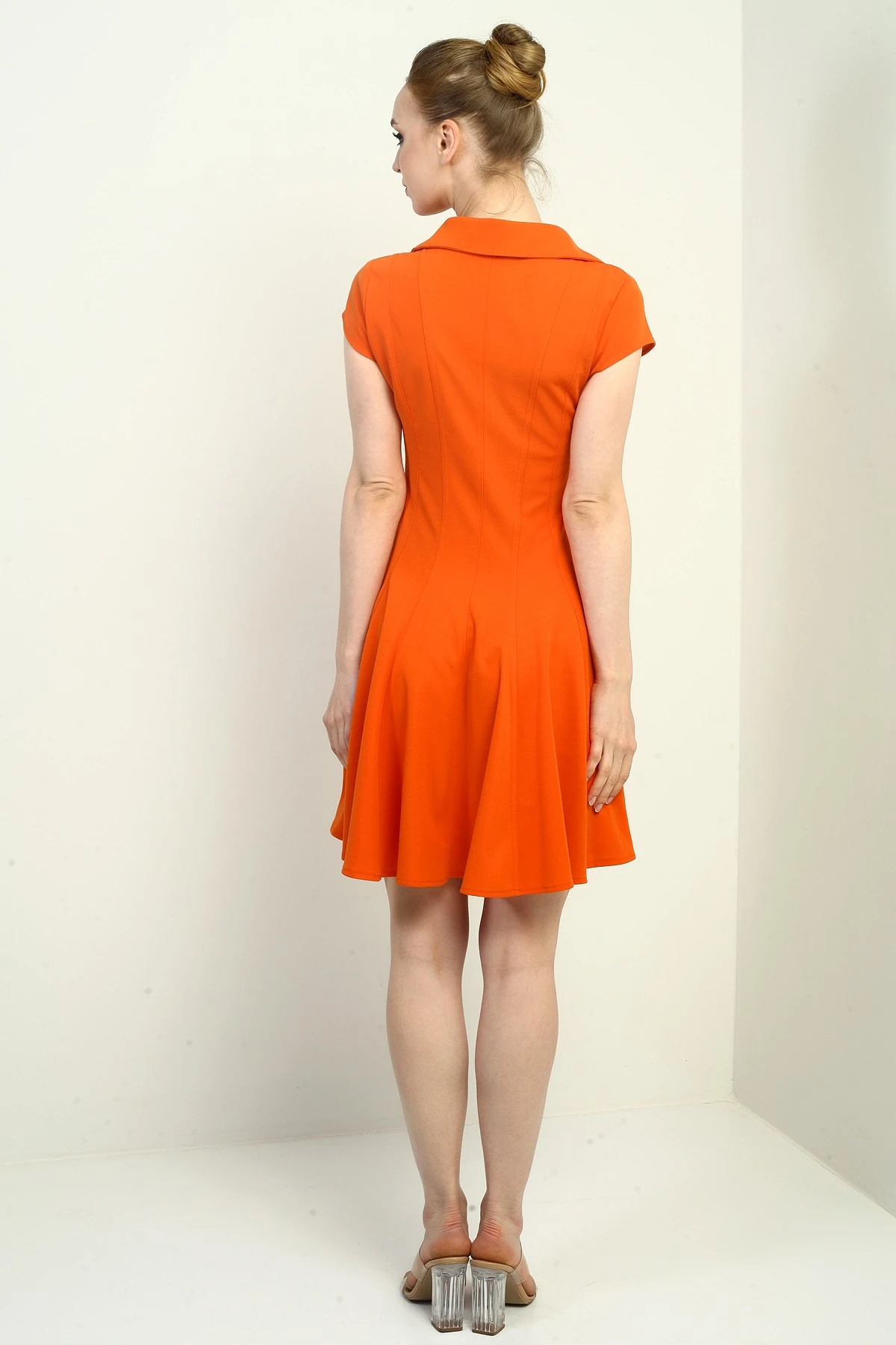 Kadın Polo Yaka Ay Kollu Likralı Kloş Kısa Elbise