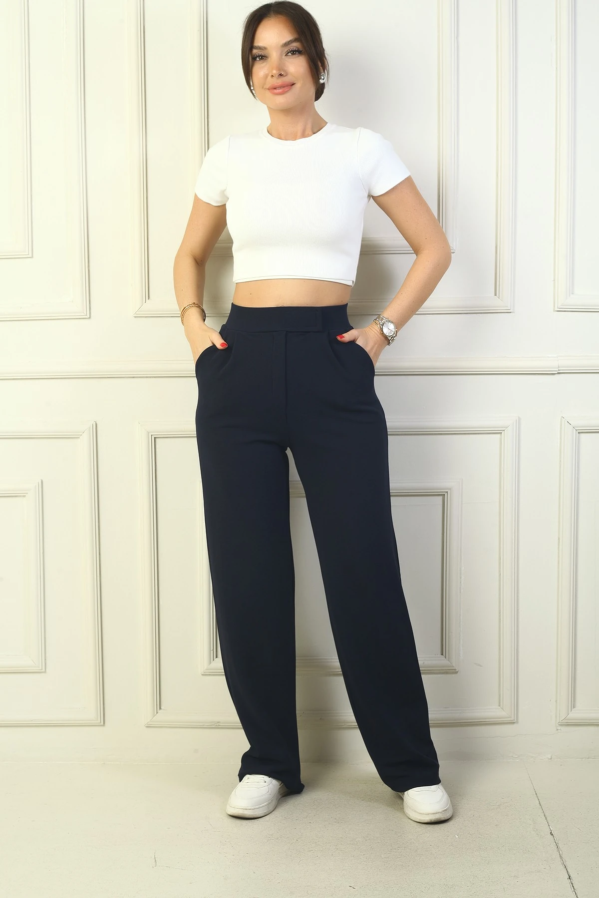 Kadın Beli Cırt Cırtlı Kapama Likralı Palazzo Pantolon