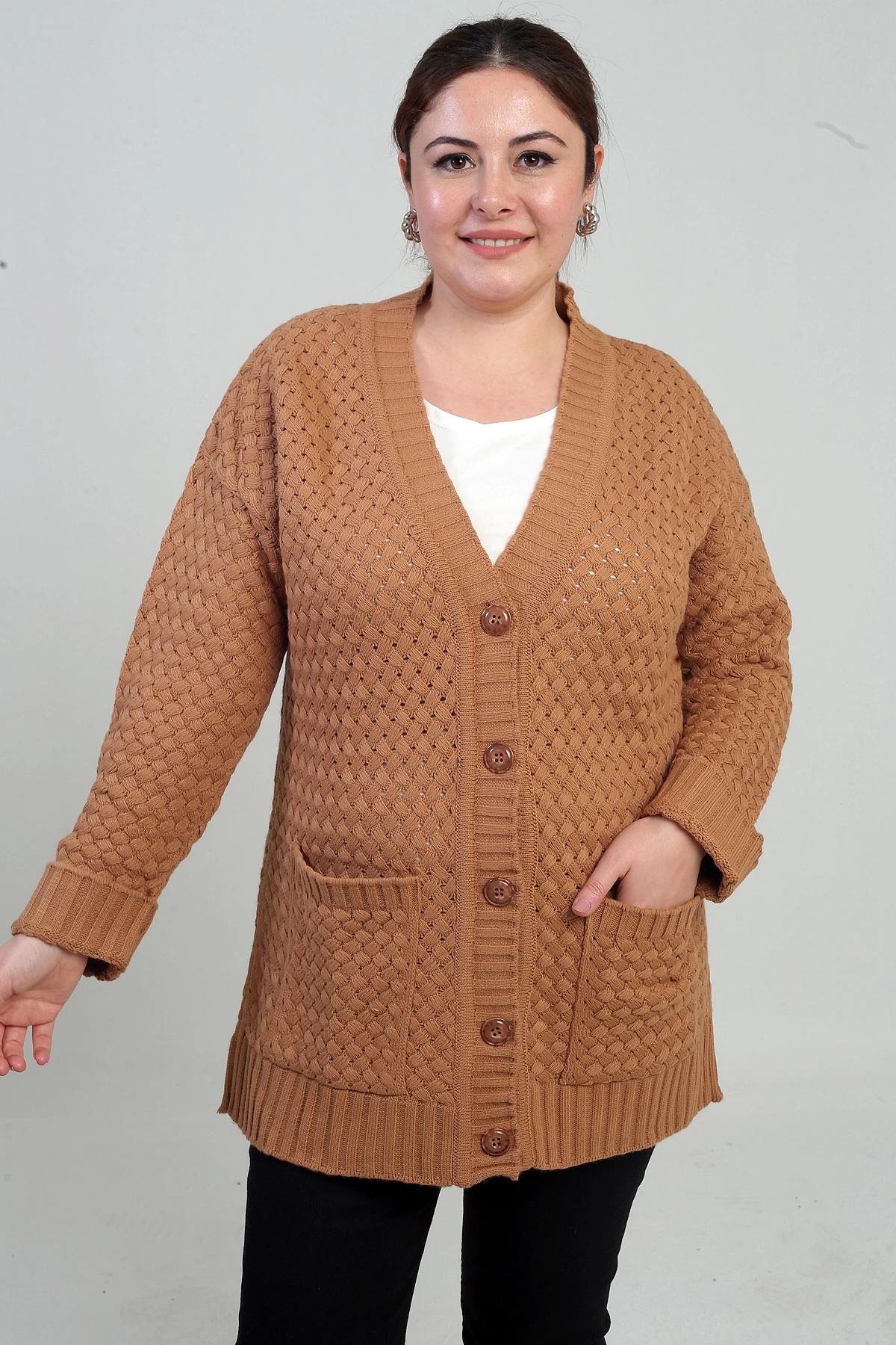 Kadın Sepet Örgü Model Cepli Tunik Hırka