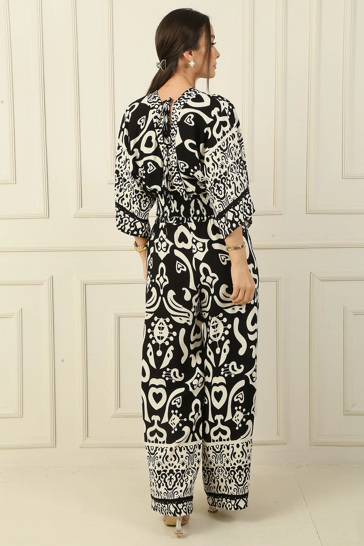 Ön Arka V Yaka Crop Beli Lastikli Cepli Palazzo Pantolon Kalpli 2'li Takım