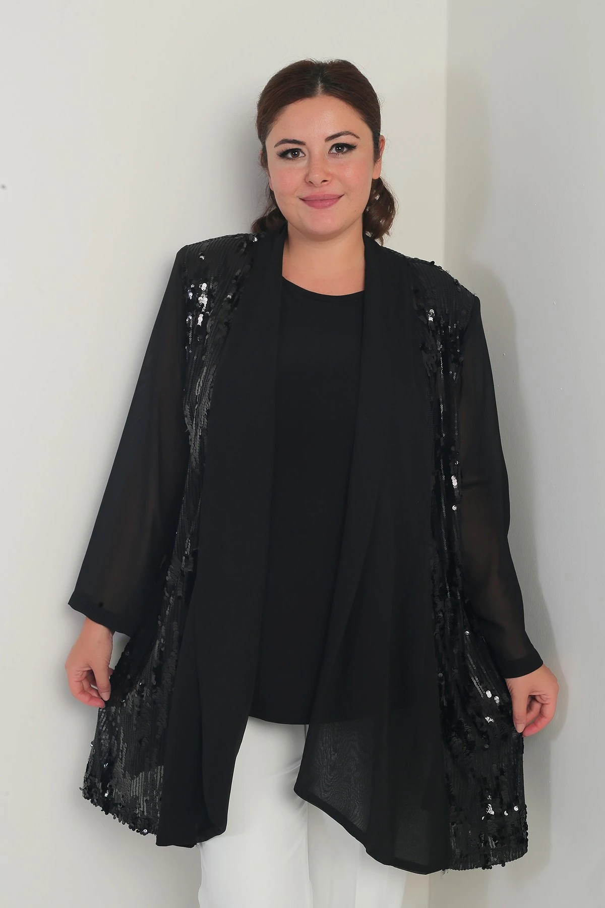 Kadın Yuvarlak Yaka Likralı Bluz Pulpayet Şifon Ceket Büyük Beden 2'li Takım