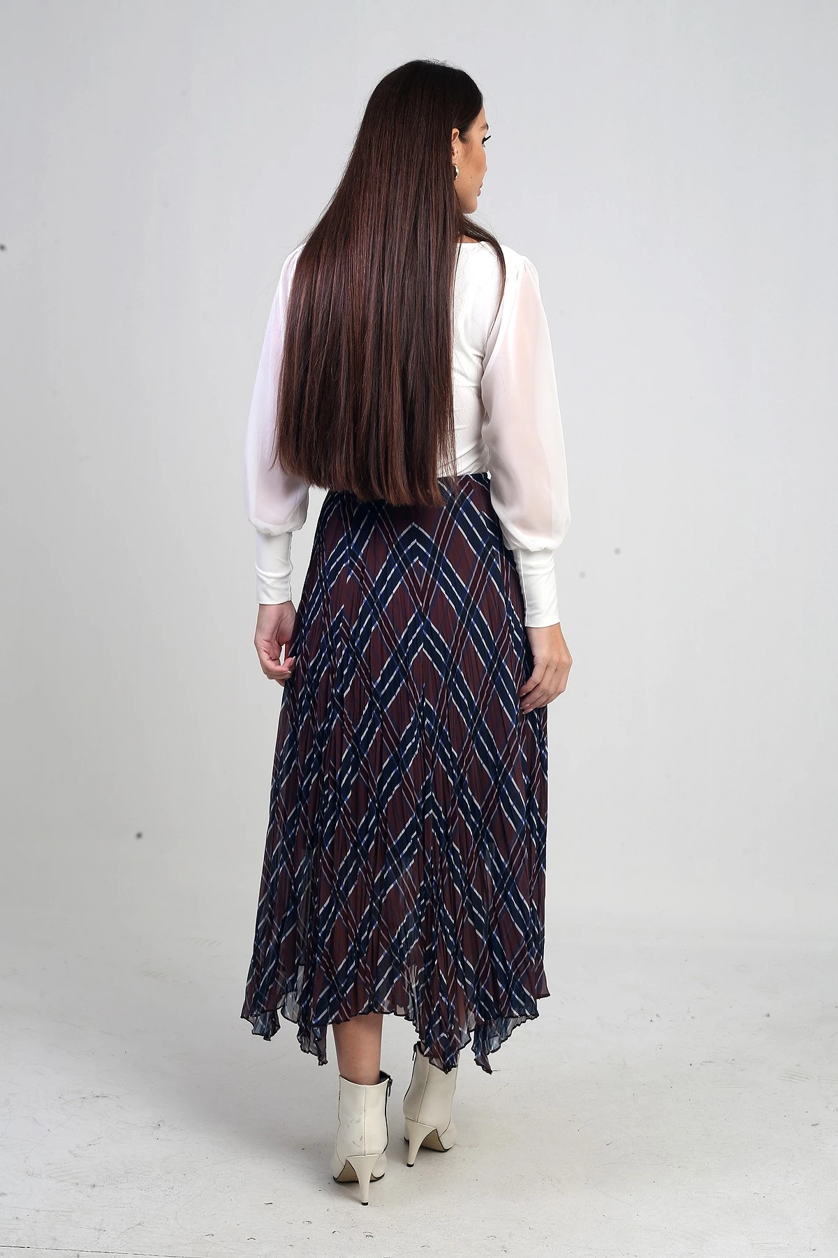 Kadın Beli Lastikli Astarlı Ekoseli Kraşlı Üçgen Midi Etek