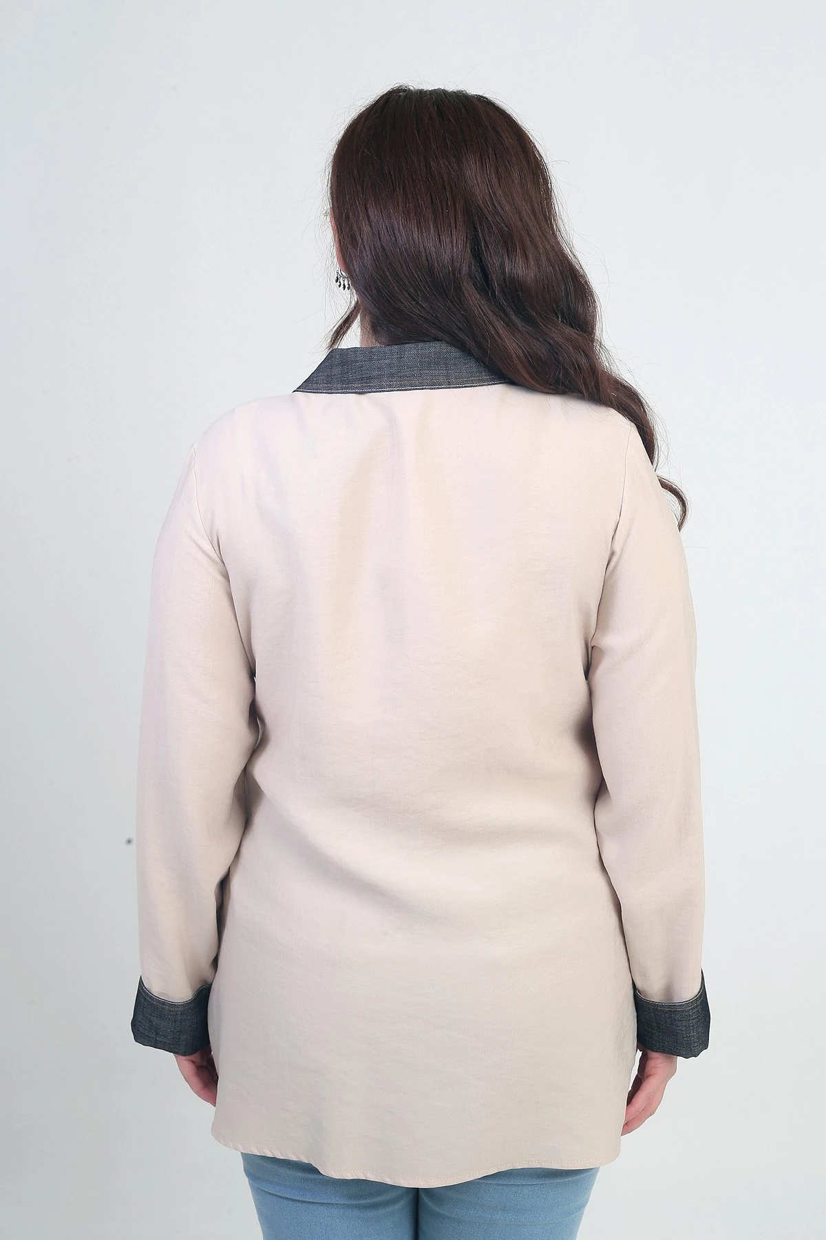 Kadın Önü Nakış İşlemeli Kot Aplikeli Büyük Beden Lyocell Gömlek