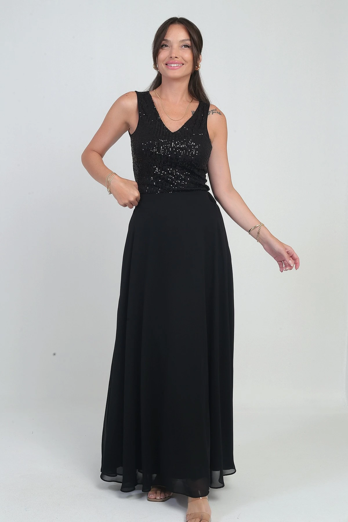 Kadın Beli Lastikli Astarlı Uzun Şifon Etek