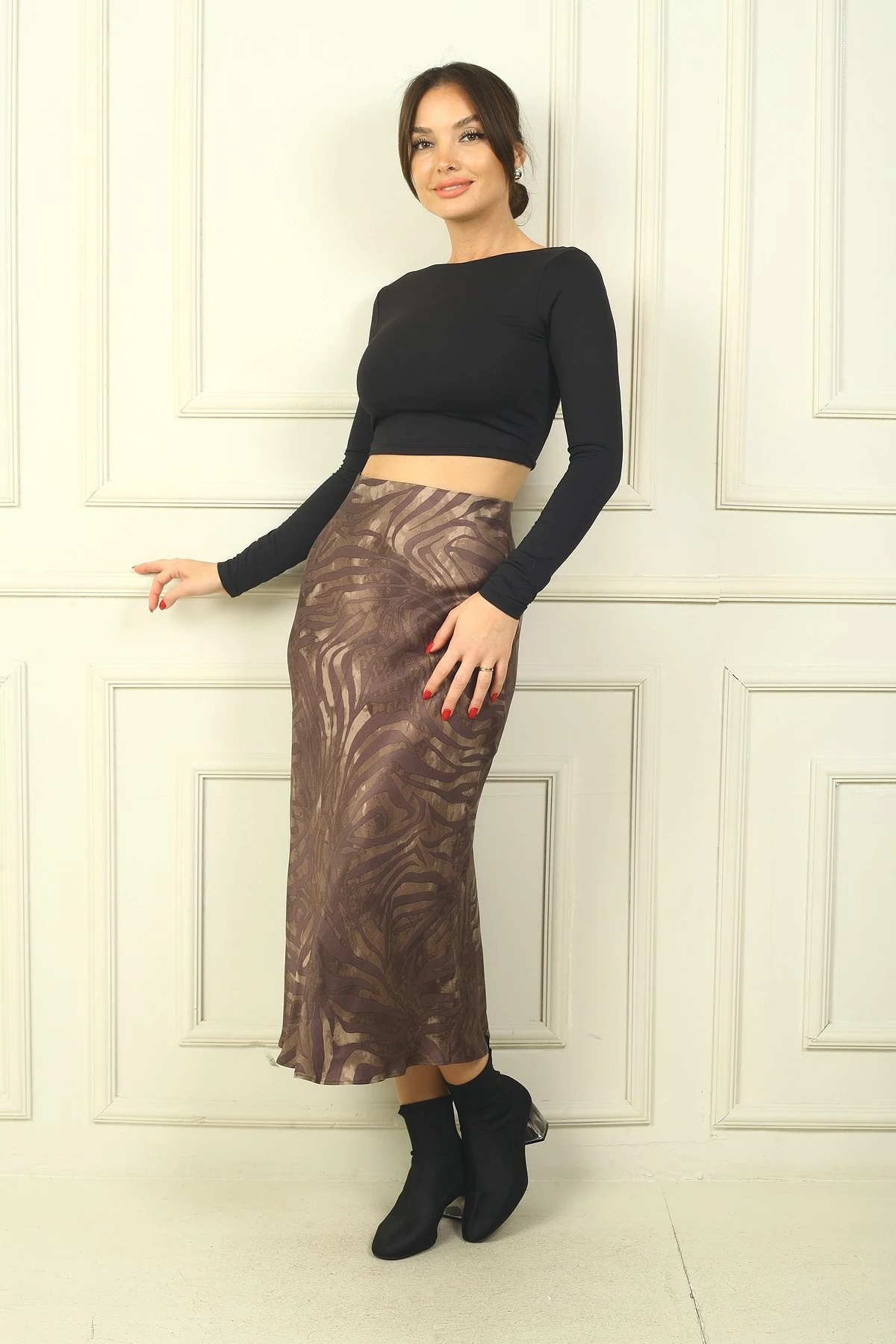 Kadın Beli Lastikli Soyut Desen Saten Etek