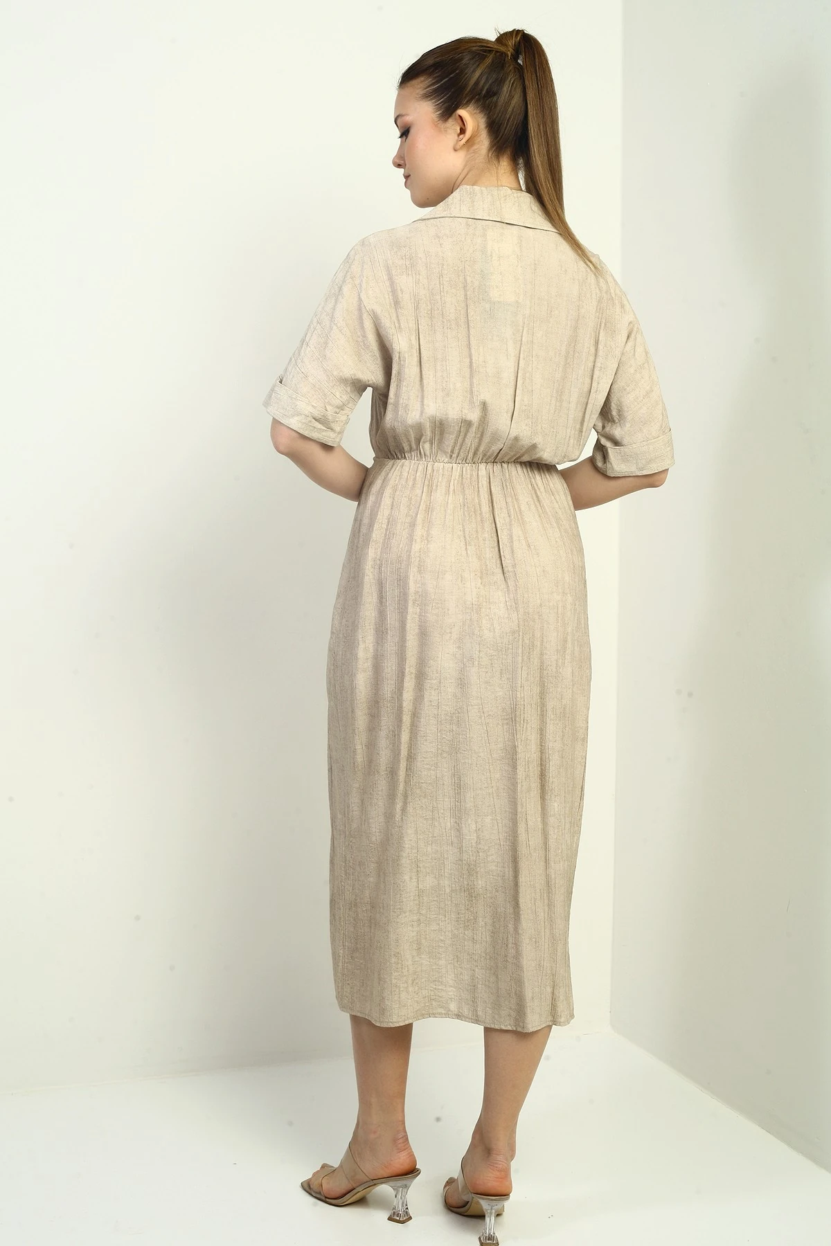 Kadın Tek Cepli Yarım Düğmeli Önü Yırtmaçlı Degrade Elbise