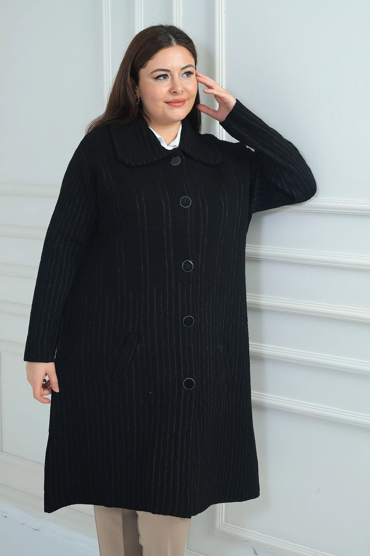 Kadın Cepli Büyük Beden Triko Kaban