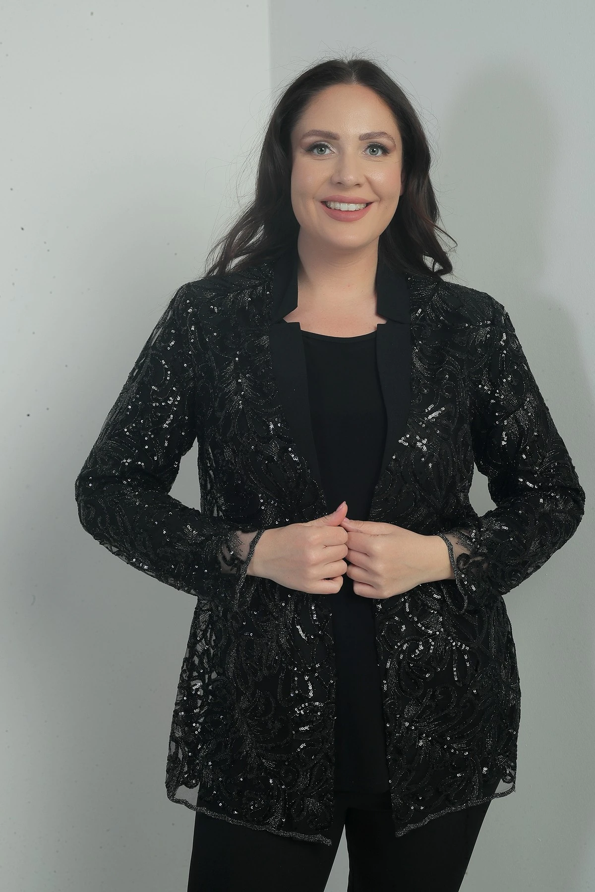 Kadın Pullu Tül Ceket Likralı Uzun Kol Bluz Büyük Beden 2'li Takım