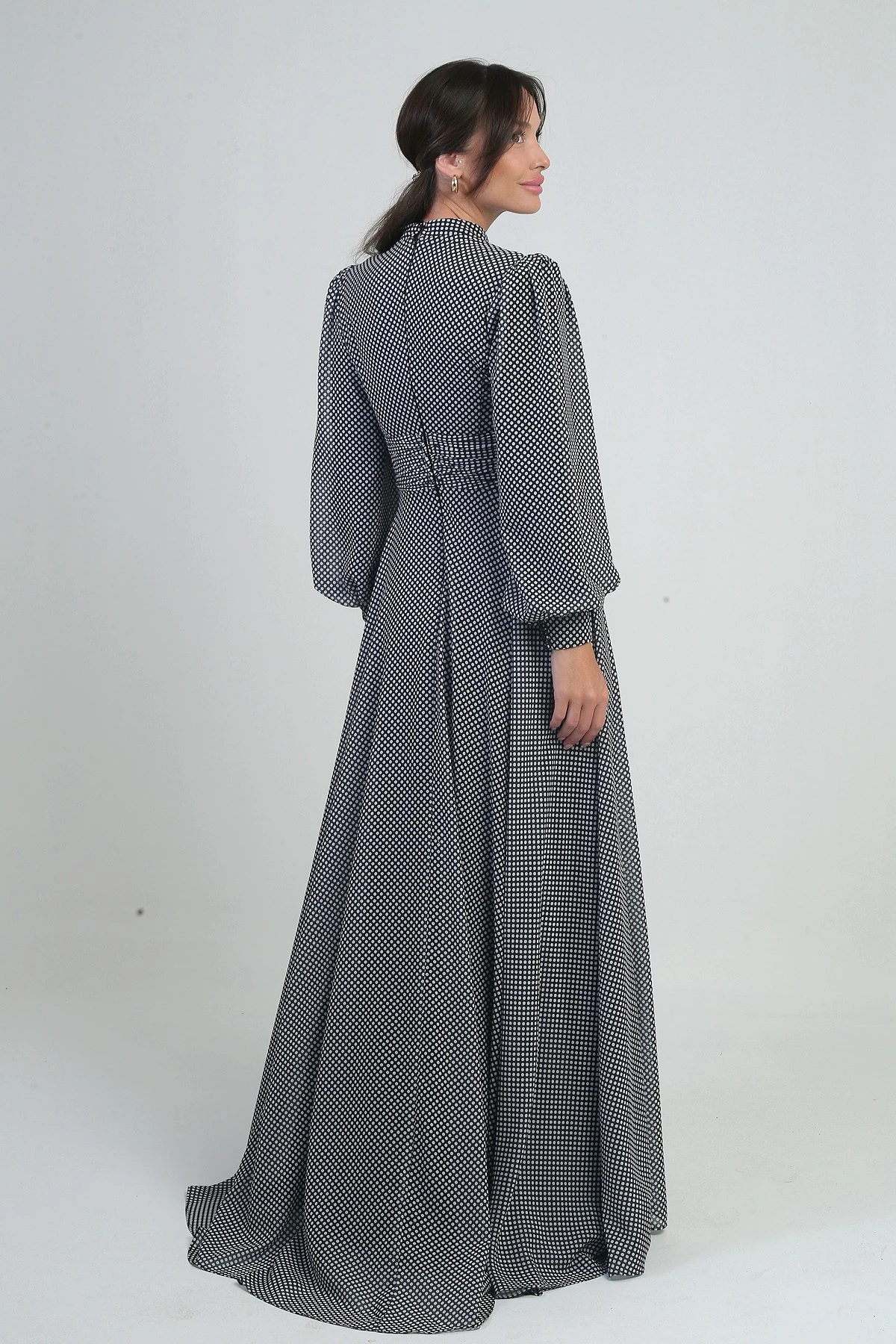 Kadın Önü Drapeli Benekli Uzun Şifon Elbise