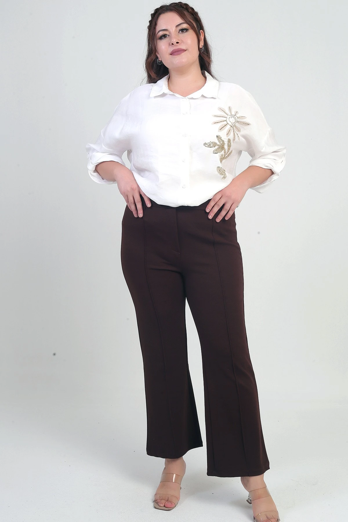 Kadın Beli Lastikli En Boy Likralı Örme Krep Çımalı Büyük Beden Palazzo Pantolon