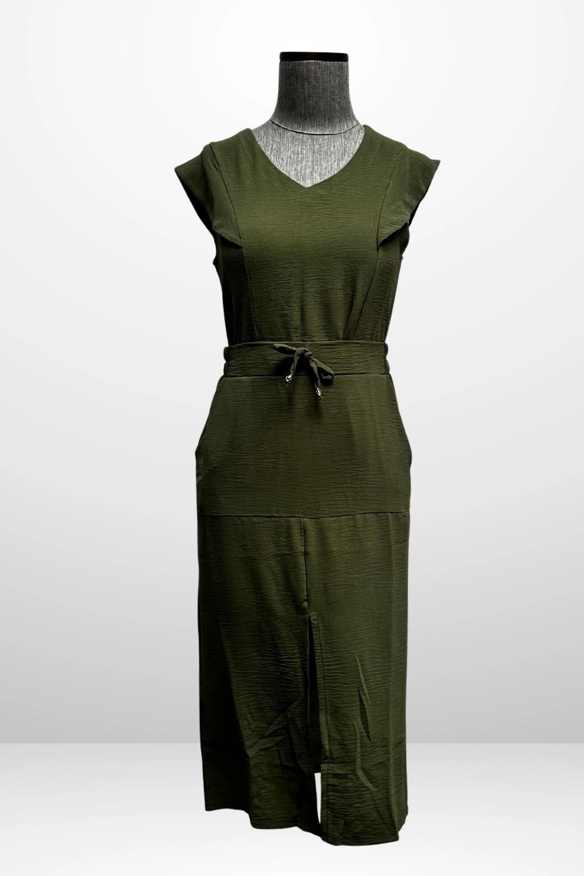 Kadın V Yaka Bluz Beli Lastikli Cepli Önü Yırtmaçlı Etek 2'li Takım