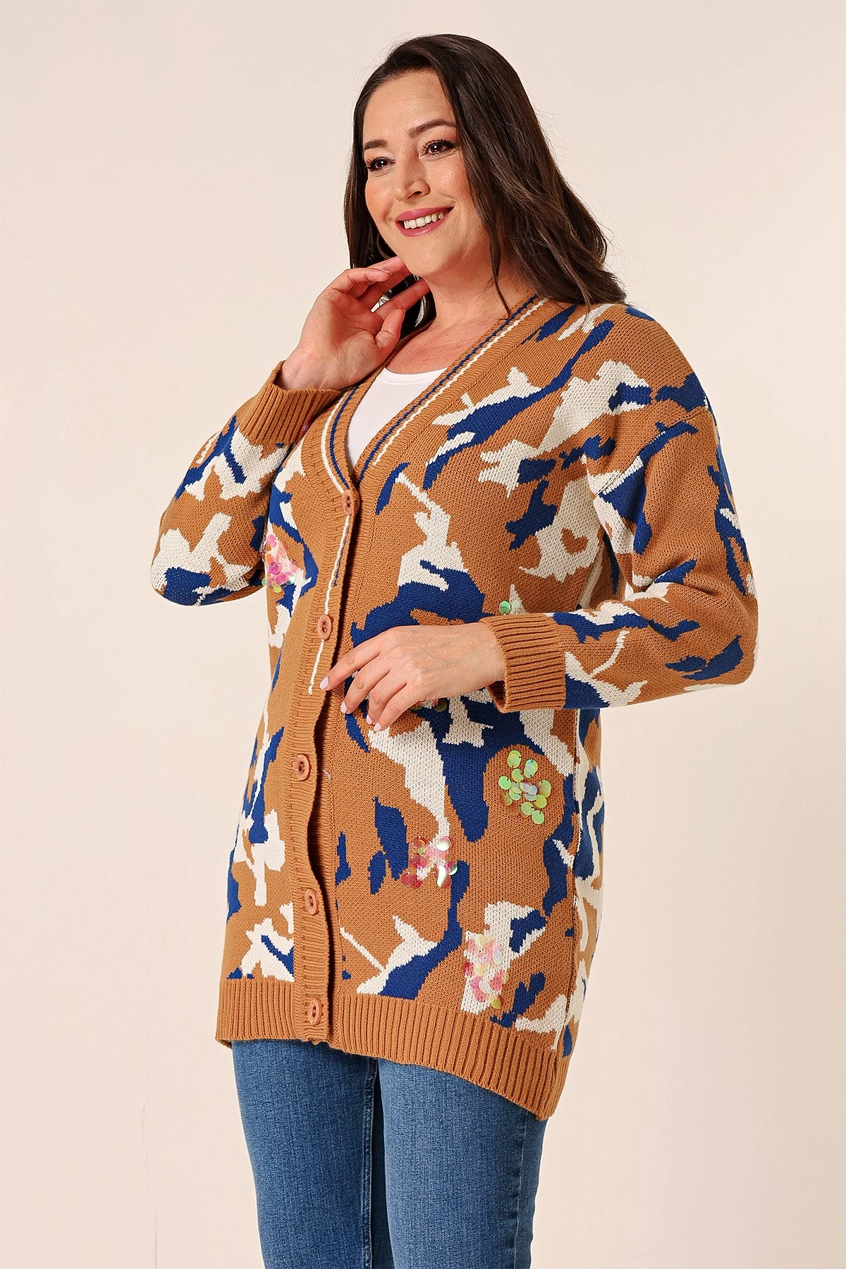 Oversize Kamuflaj Pullu Uzun Triko Hırka