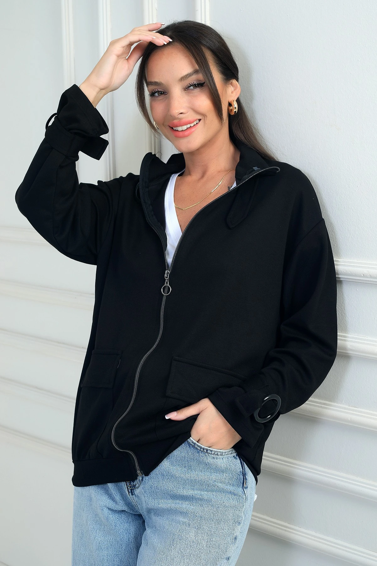 Kadın Önü Fermuarlı Kargo Cepli Toka Detaylı Osyho Kumaş Hırka