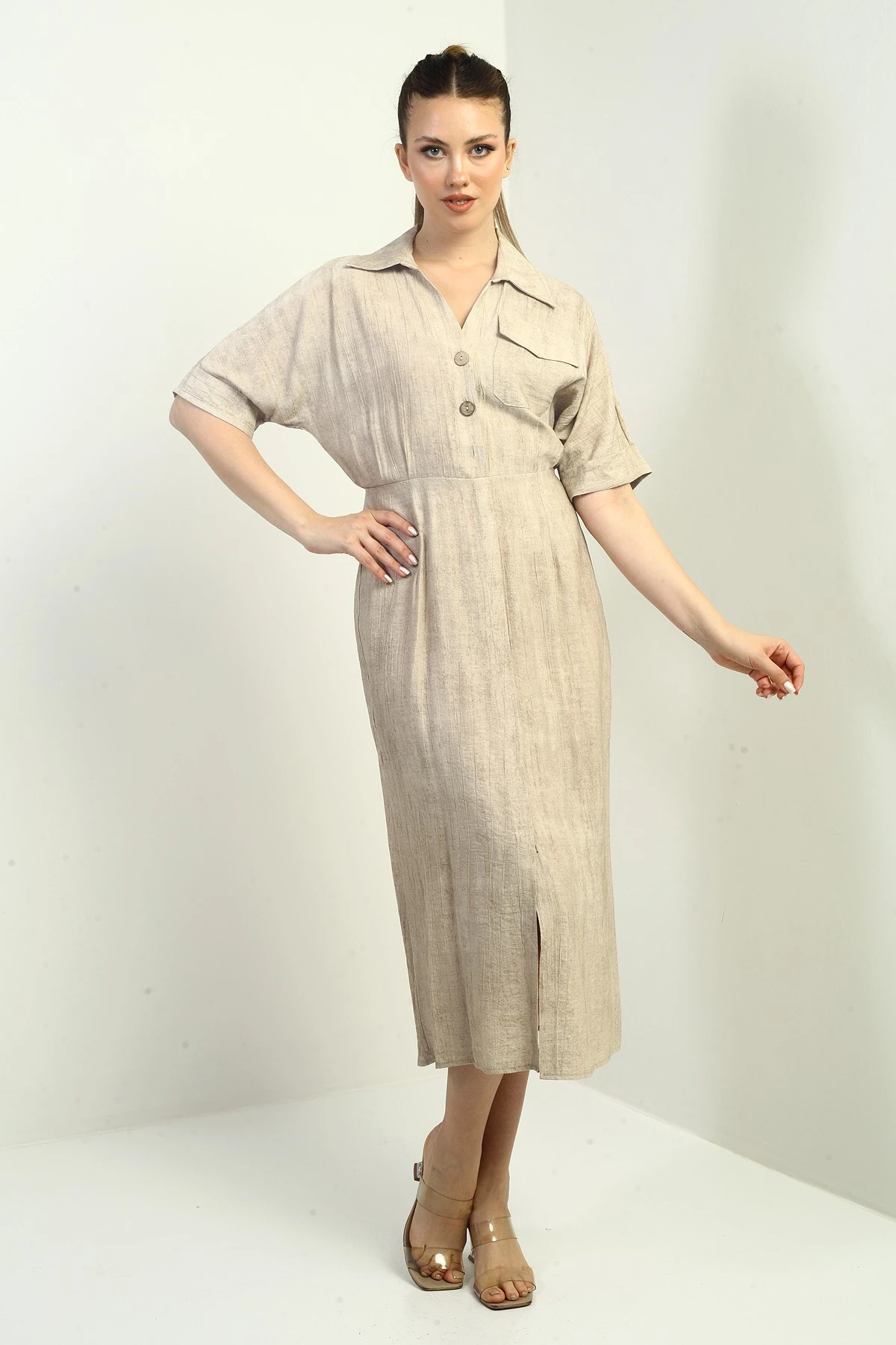 Kadın Tek Cepli Yarım Düğmeli Önü Yırtmaçlı Degrade Elbise