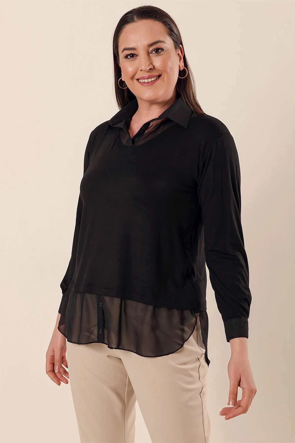 Şifon Detaylı Gömlek Yaka Rahat Kesim Büyük Beden Bluz