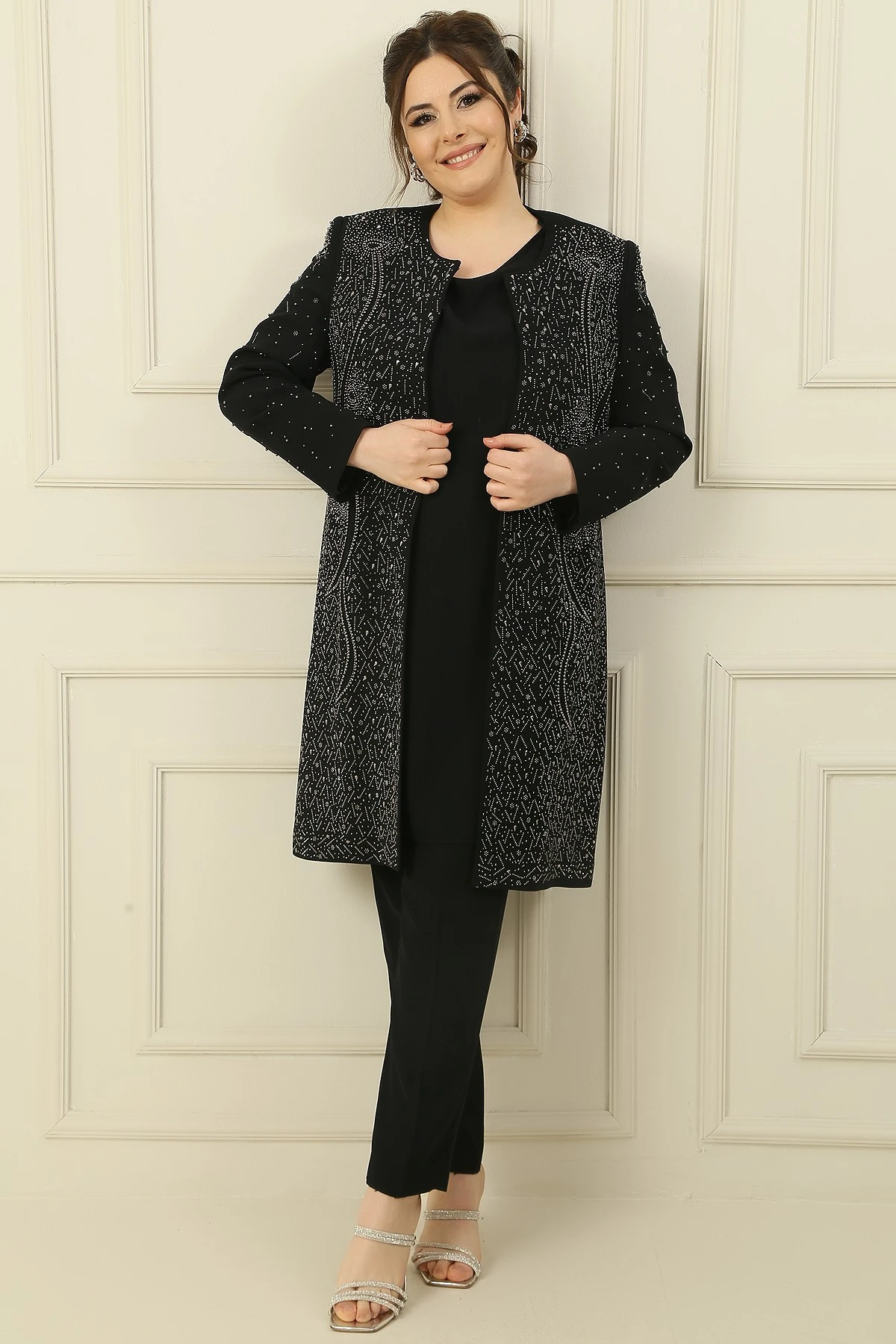 İçi Kolsuz Bluz Taş Baskılı Astarlı Uzun Ceket dar Paça Pantolon Büyük Beden 3'lü Takım