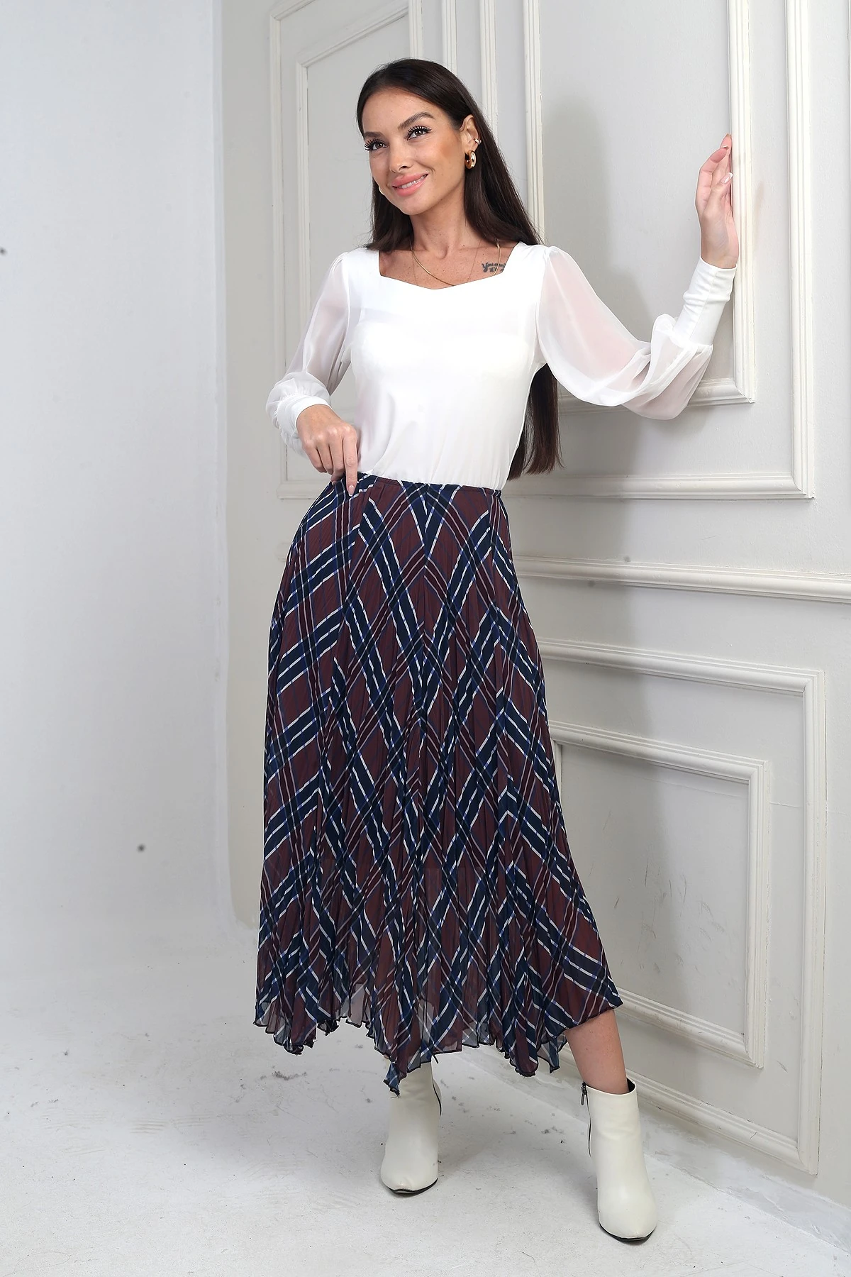 Kadın Beli Lastikli Astarlı Ekoseli Kraşlı Üçgen Midi Etek