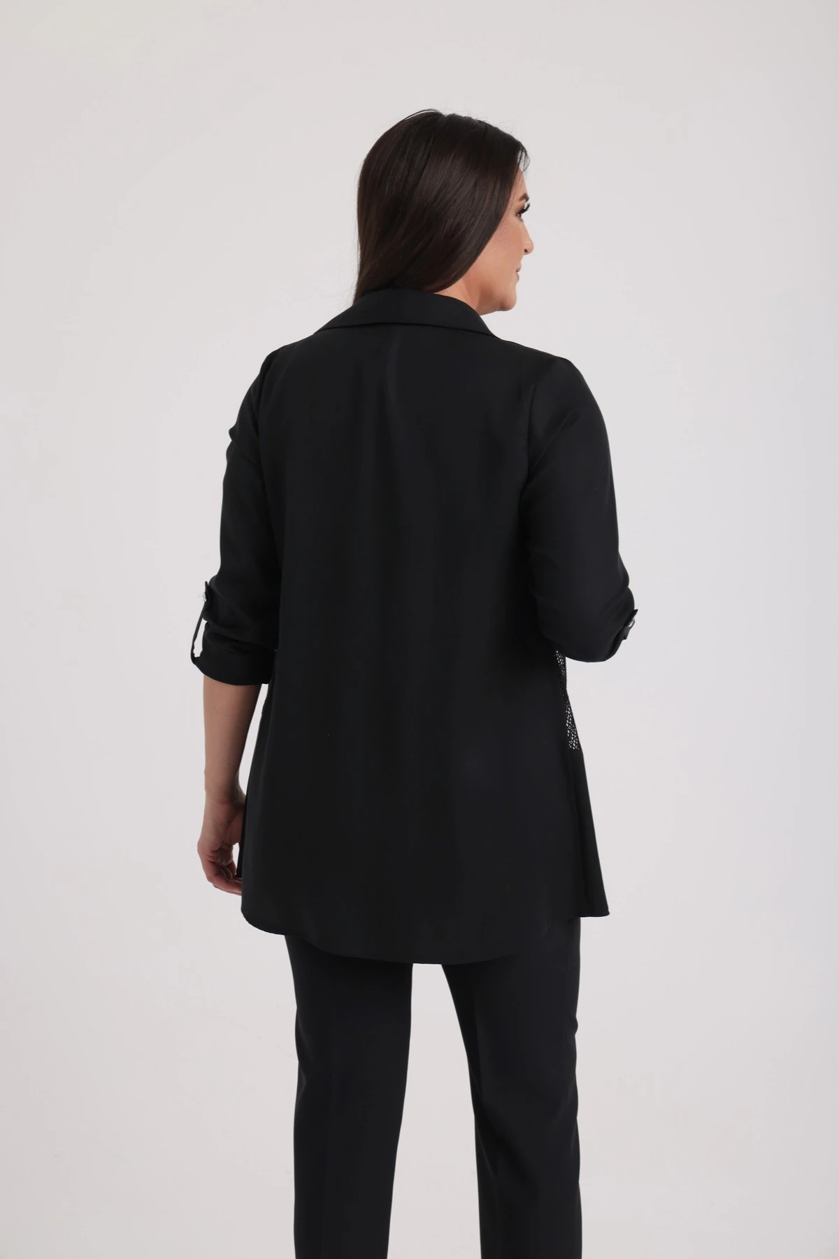 Kadın Kolsuz Likralı Bluz Kol Katlamalı Fileli Ceket Büyük Beden 2'li Takım